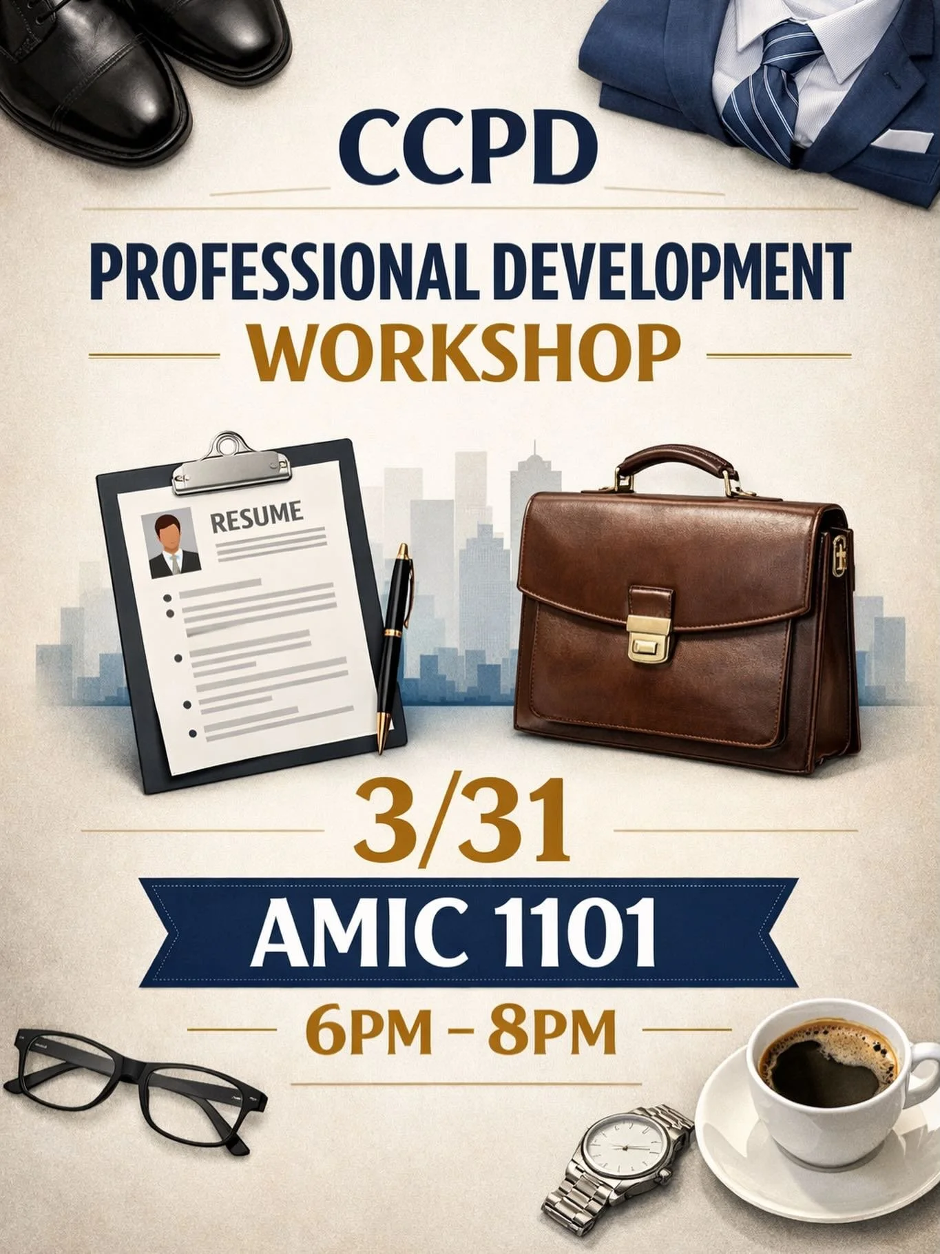 Step into your future with confidence 💼✨
Join us for the CCPD Professional Development Workshop and learn the essentials of business etiquette, resume building, and presenting your best self.

📅 March 31st
⏰ 6:00 PM &ndash; 8:00 PM
📍 AMIC 1101