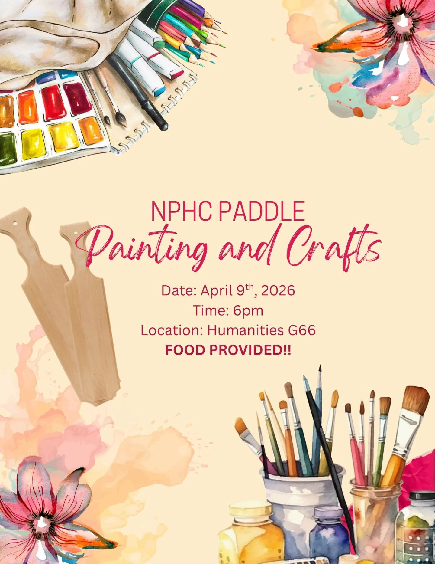 Join us for a fun night of paddle painting &amp; crafts on April 9th at 6PM in Humanities G66! Whether you&rsquo;re an artist or just coming to vibe, this is the perfect space to relax, create, and connect.

✨ All supplies provided
🍽️ Food will be s