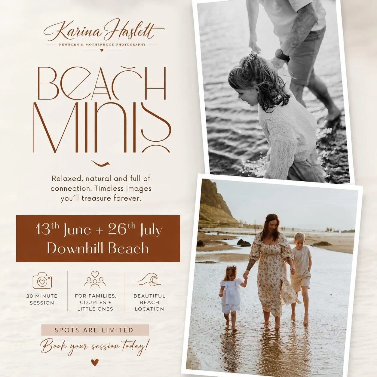 Salt in their hair, sandy toes, little giggles &amp; all the in-between moments you never want to forget 🤎

My Beach Minis are back at Downhill Beach this summer and they&rsquo;re all about connection, movement and capturing your family exactly as y