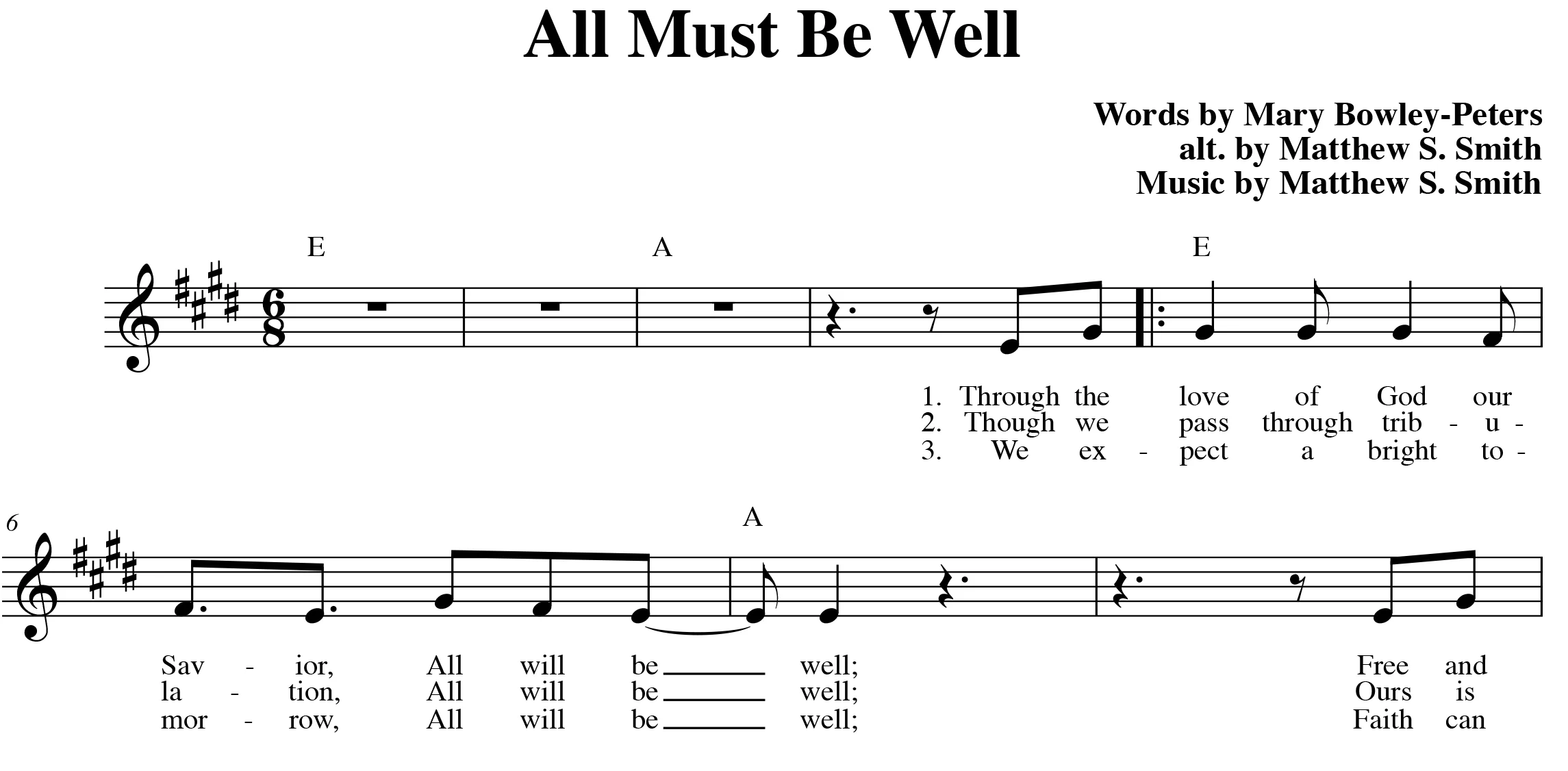 Fig. 3. Matthew S. Smith, “All must be well,” Indelible Grace Hymn Book (©2007 Detuned Radio Music), excerpt.