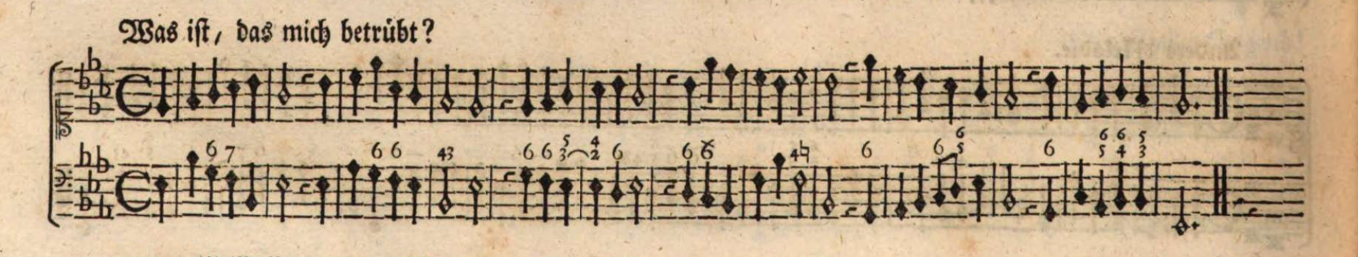 Fig. 5. Johann Balthasar König, Harmonischer Lieder-Schatz: oder Allgemeines Evangelisches Choral-Buch (Auf Kosten des Autoris, 1738), p. 240. Bottom line of the top clef represents middle C. Key signature is E-flat; the extra flats mark higher octaves. Numbers indicate harmonic structure in figured bass format.