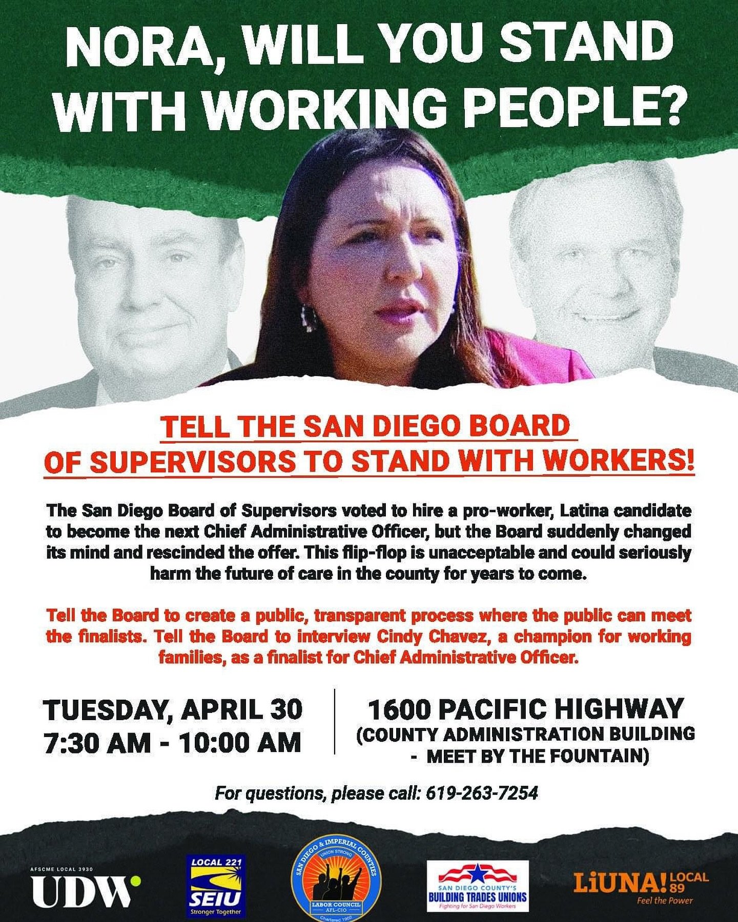 🚨 Join us on April 30th, Tuesday - County of San Diego Day of Action 🚨
 
@seiu221 &amp; @udw_union Rally for Transparent CAO Process Rally Outside 1600 Pacific Hwy, San Diego, CA 92101
7:30am &ndash; 8:30am.
 
Rally with SEIU and UDW and Labor part
