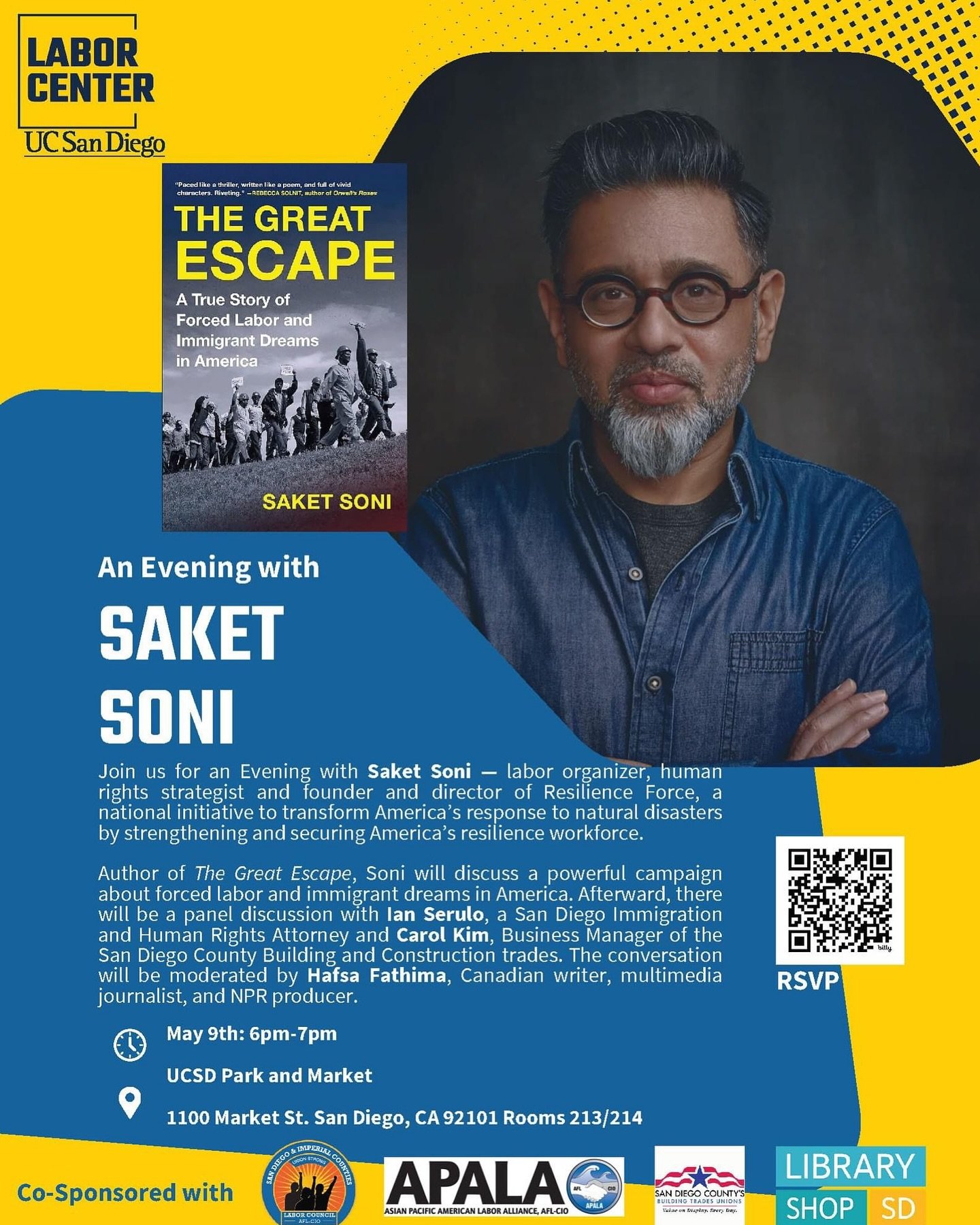 On May 9th, join us to meet author Saket Soni, a labor organizer and founder of Resilience Force, who will be discussing a campaign on forced labor and immigration dreams in America. Afterward, there will be a panel discussion featuring guest speaker