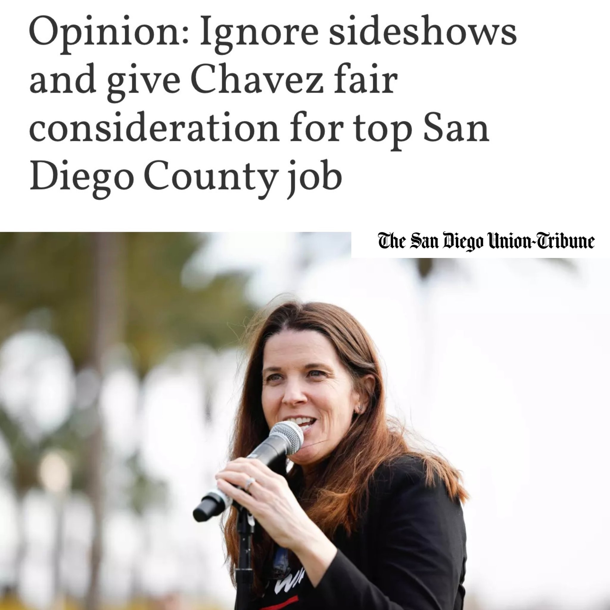 San Diego Union Tribune

Opinion: Ignore sideshows and give Chavez fair consideration for top San Diego County job 

Written by @repjuanvargas ✍️

Click the link in bio view the full article 📲