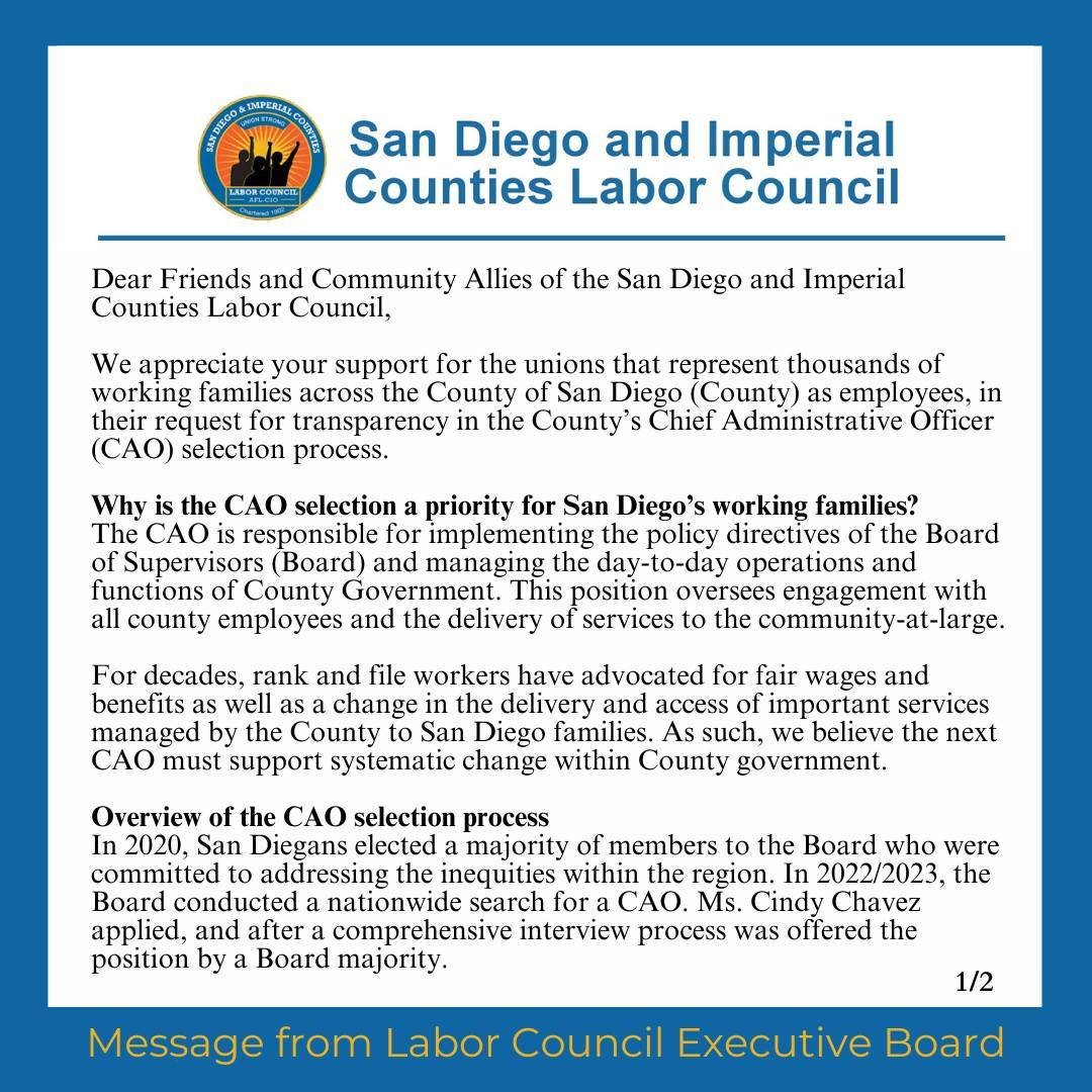 Working people have a lot at stake in the hiring of a new Chief Administrative Officer in San Diego County. Our Executive Board unanimously signed this letter on the hiring process and our solidarity in support of systemic change.