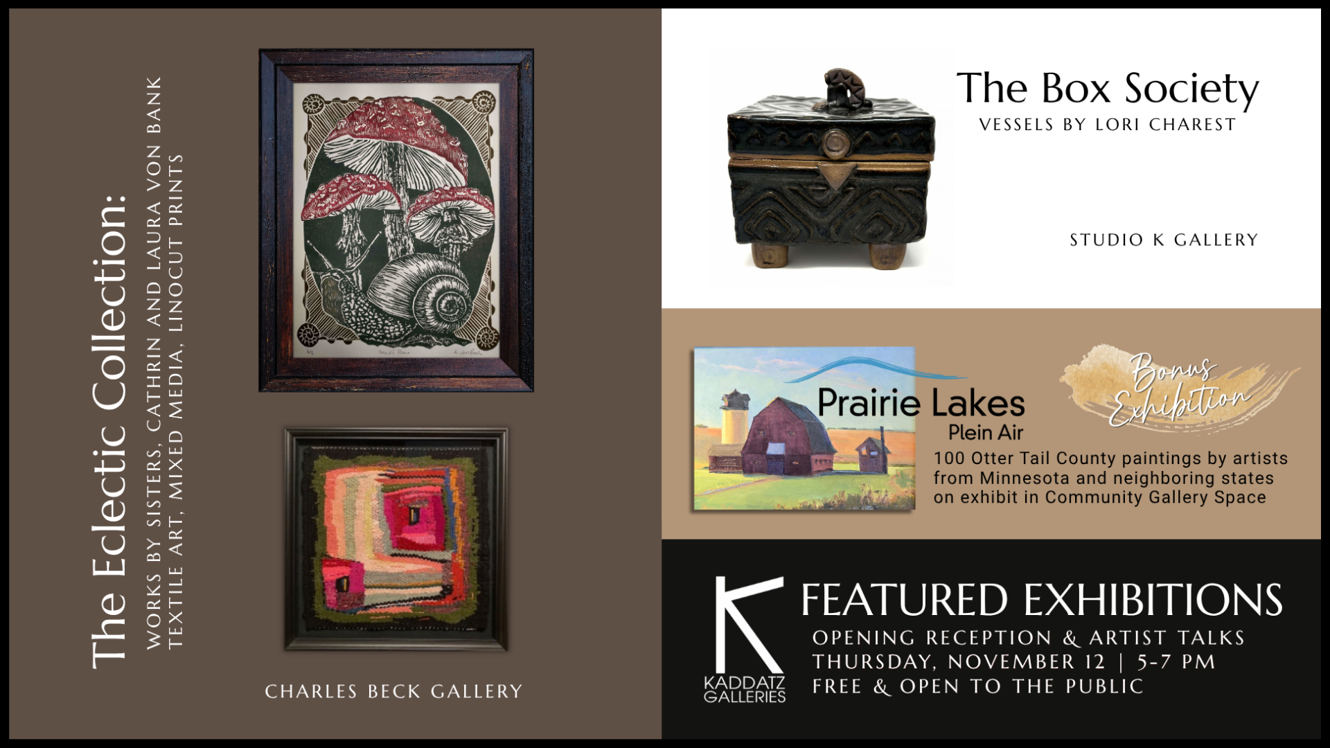 ARTIST RECEPTION: "The Eclectic Collection | The Box Society | Prairie Lakes Plein Air" @ Kaddatz Galleries, Fergus Falls