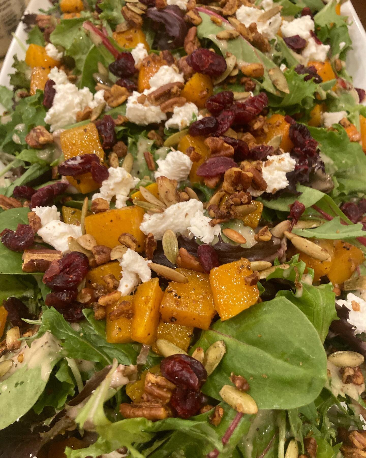 Looking for a fresh salad and a cool way to prepare Butternut Squash? Then look no further. Try my Pepitas Harvest Salad w/ Sherry Tarragon Vinaigrette. This recipe serves 8ppl. You can trim it down if need be. #personalchef #butternutsquash #pepita 