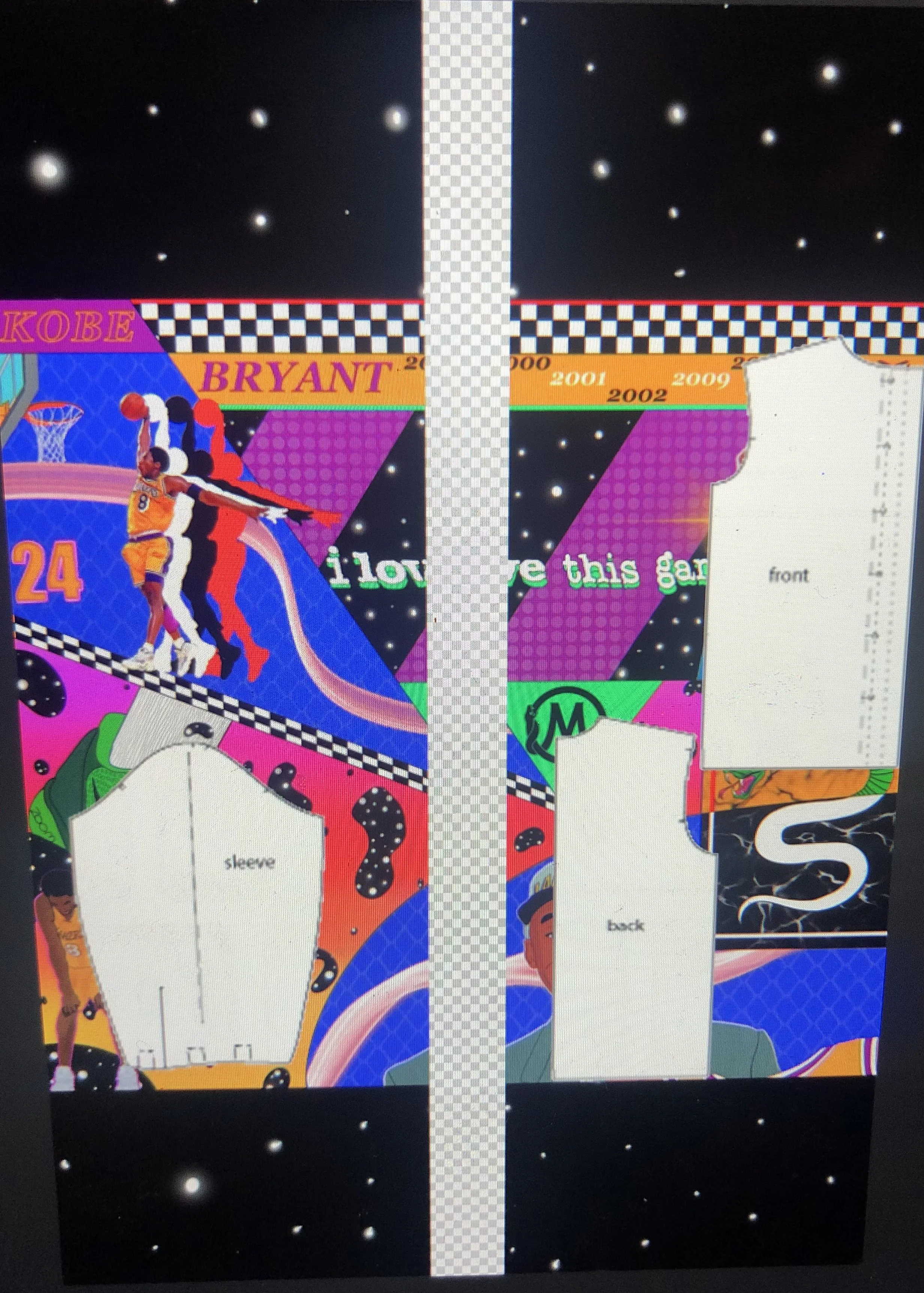  Digital rendition of the artwork to scale how i would organize the jacket pattern in relation to the final garment.  