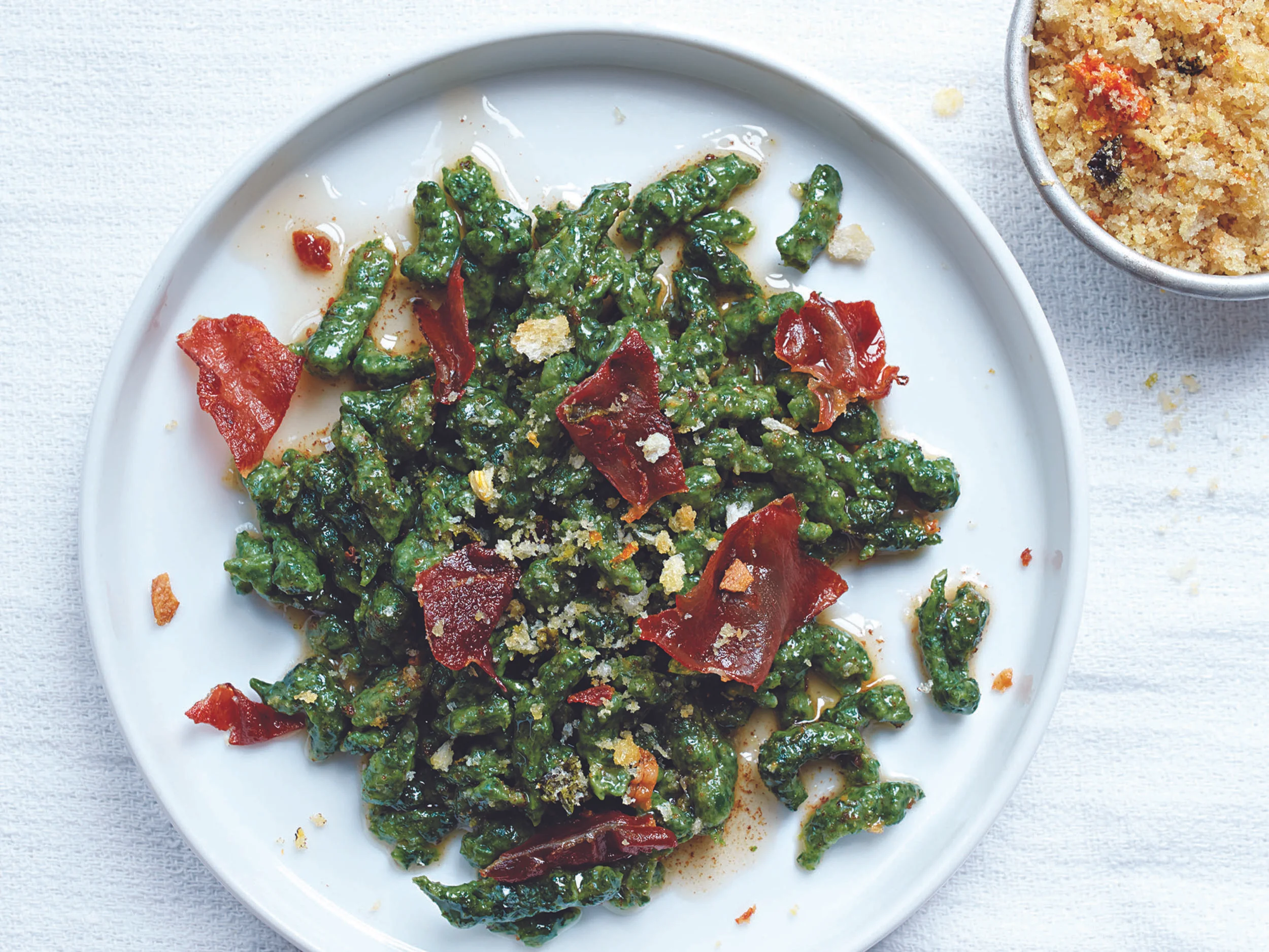 Spinach Spatzli with Brown Butter, Crispy Speck, and Pangrattato; photo by Con Poulos for SAVEUR
