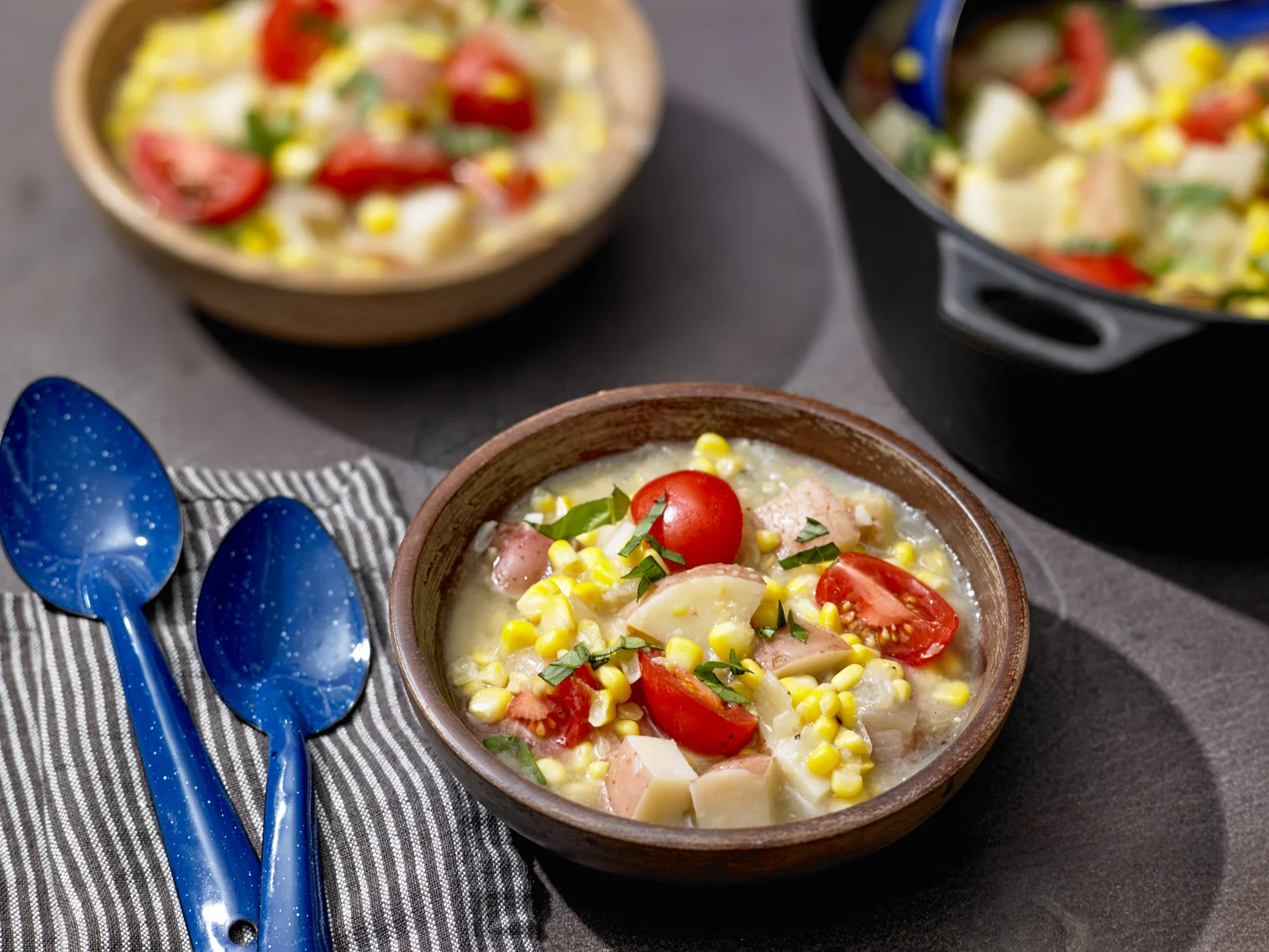 Corn, Tomato and Basil Chowder; photo by Michael Kraus for The New York Times