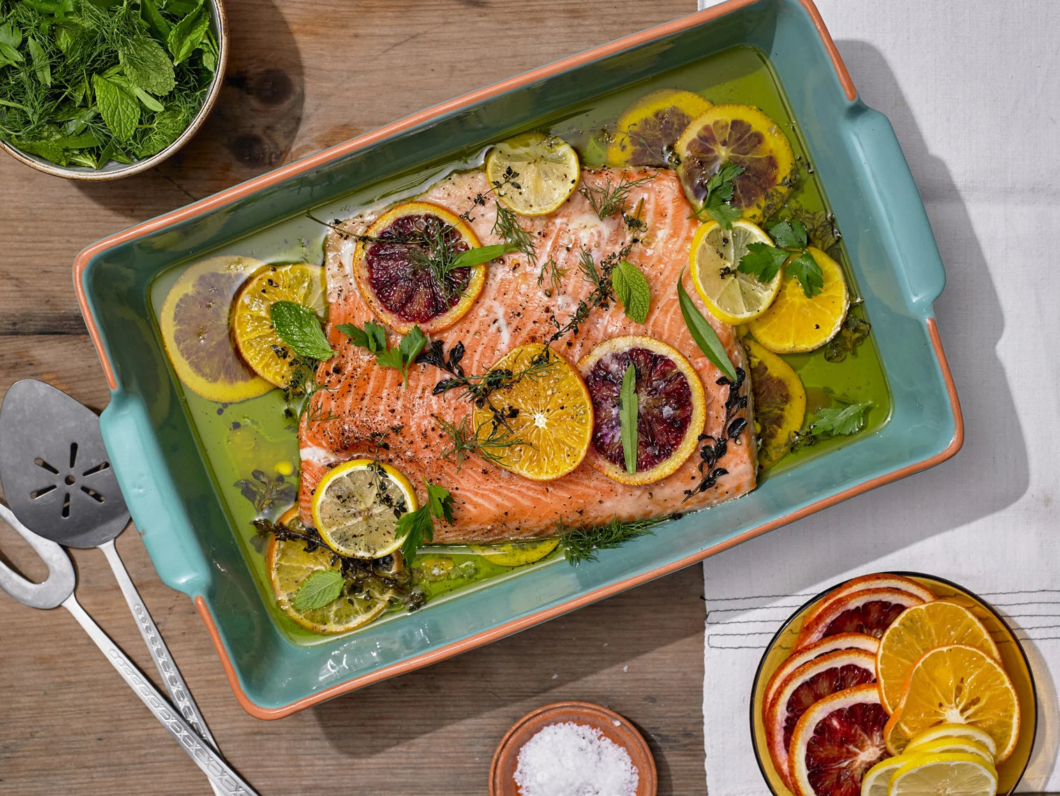 Alison Roman's Slow Salmon with Citrus and Herb Salad; photo by Michael Kraus for The New York Times