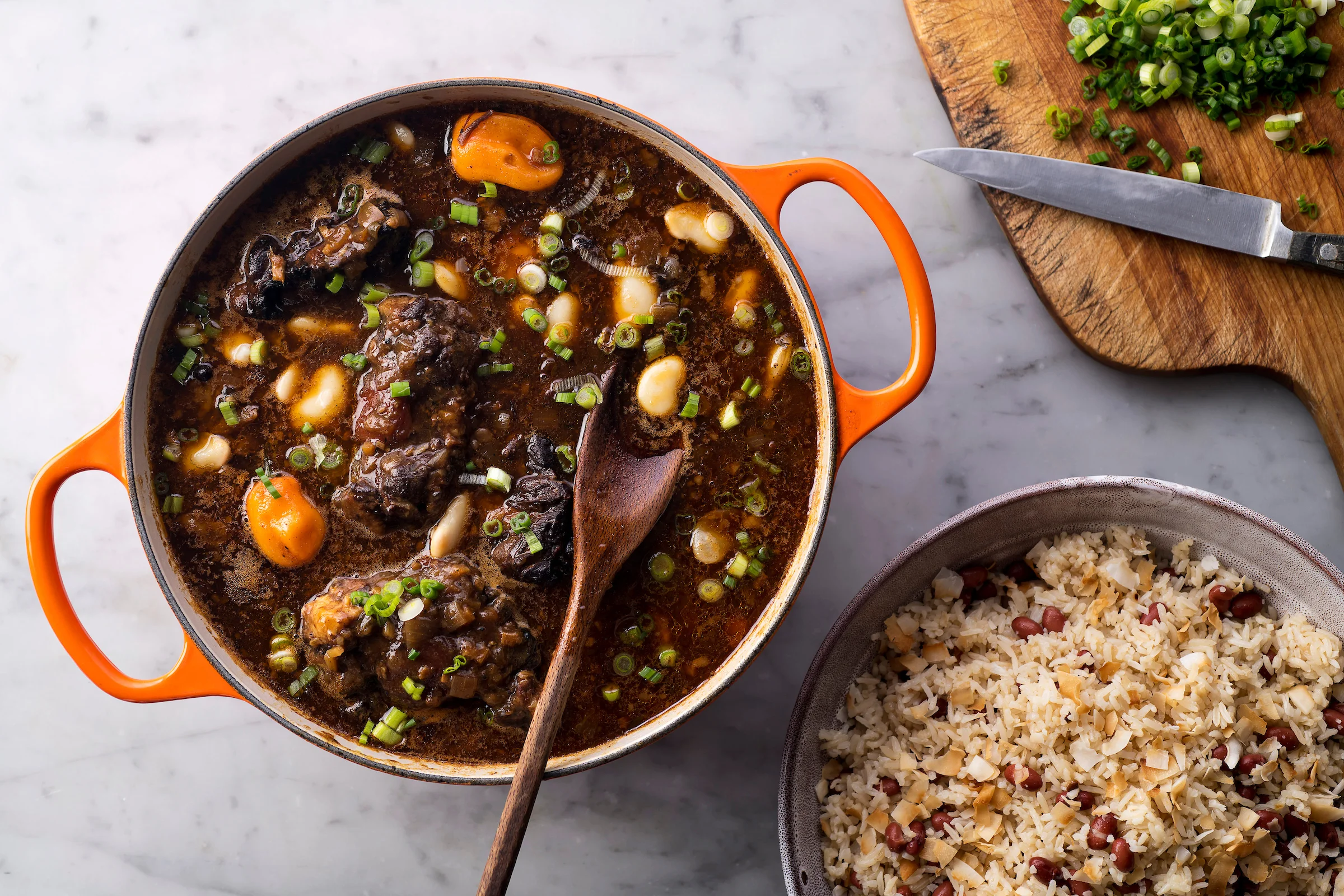 Sam Sifton's Jamaican Oxtail Stew with coconut-scented rice and 'peas'; photo by Karsten Moran for The New York Times