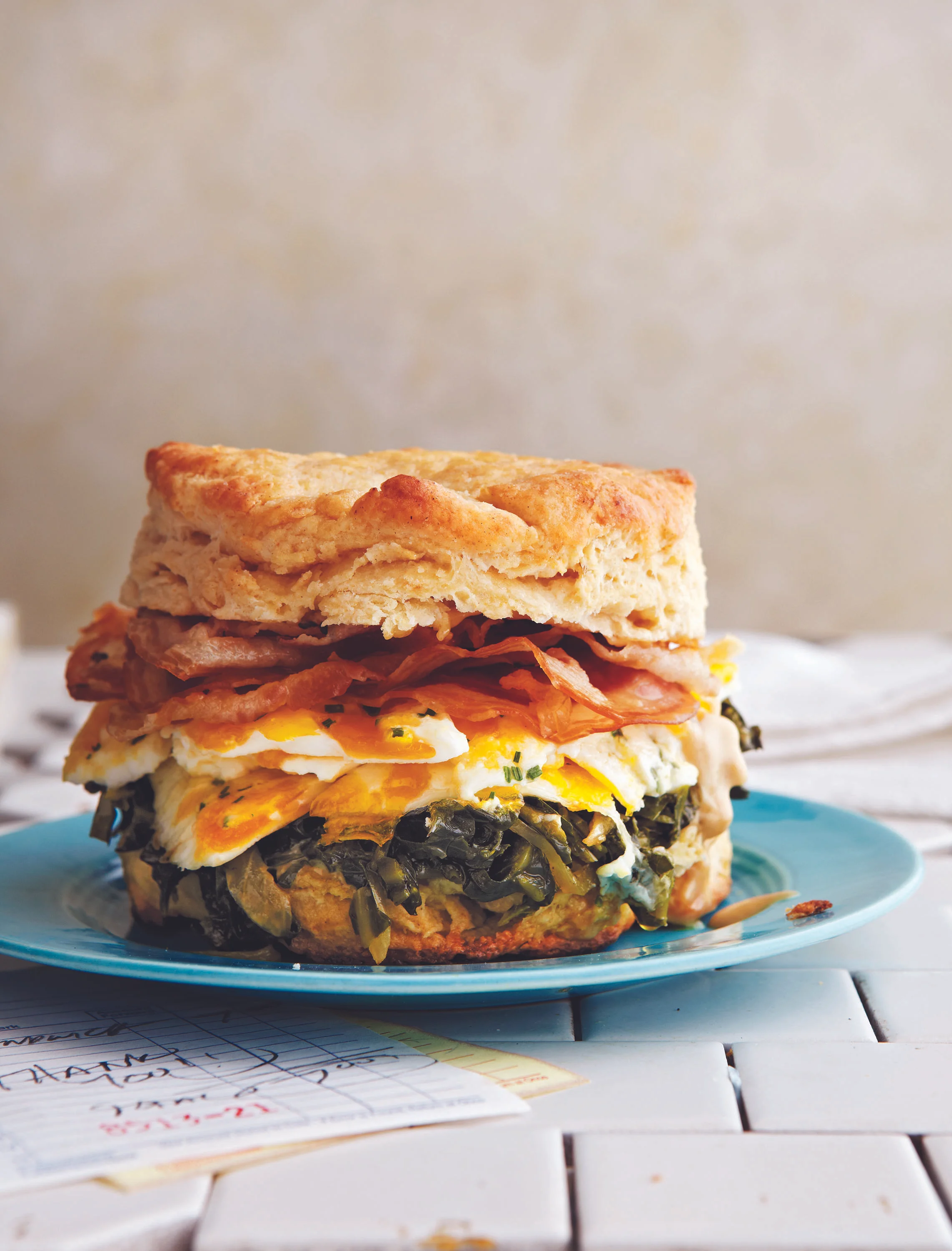Biscuits with Pancetta, Collard Greens, Marbleized Eggs, and Espresso Aioli; photo by Joseph De Leo for SAVEUR