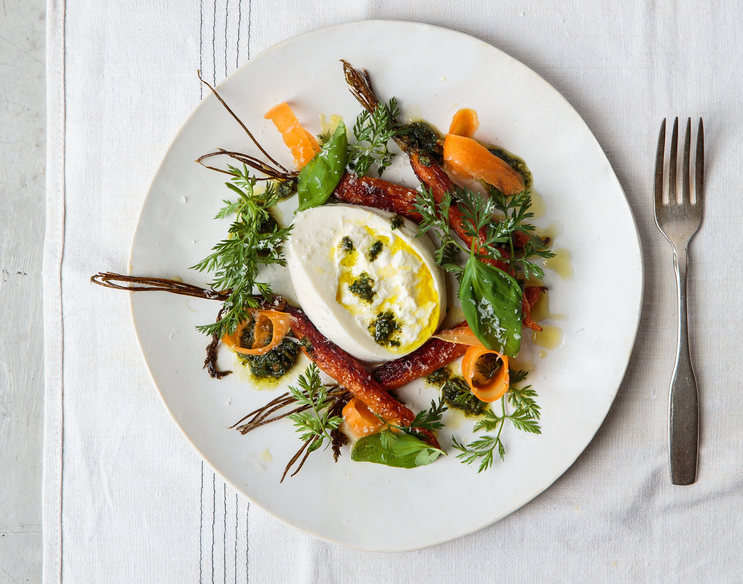 Roasted Carrots with Carrot-Top Pesto and Burrata; photo by Ingalls Photography for SAVEUR