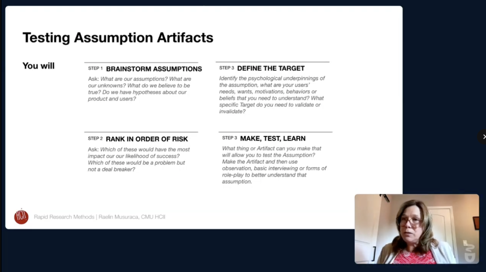 Screen shot of a video, showing a slide on Testing Assumption Artifacts, with an inset of the author presenting.