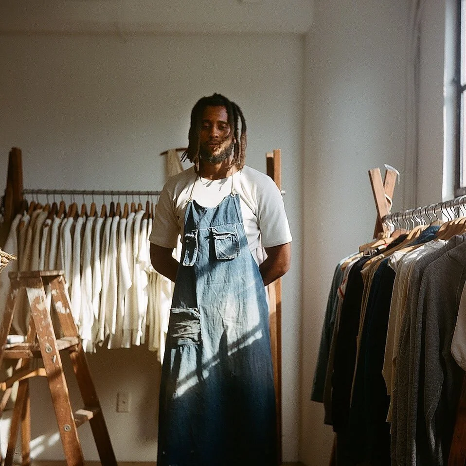 Photo of @nichegarmentco in his showroom in DTLA on 120 Portra 400