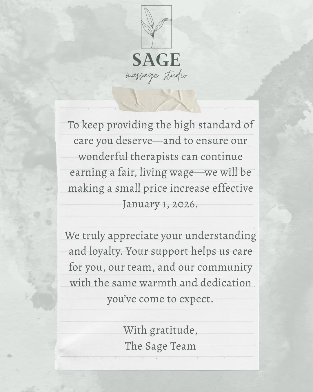 To keep providing the high standard of care you deserve&mdash;and to ensure our wonderful therapists can continue earning a fair, living wage&mdash;we will be making a small price increase effective January 1, 2026.

We truly appreciate your understa