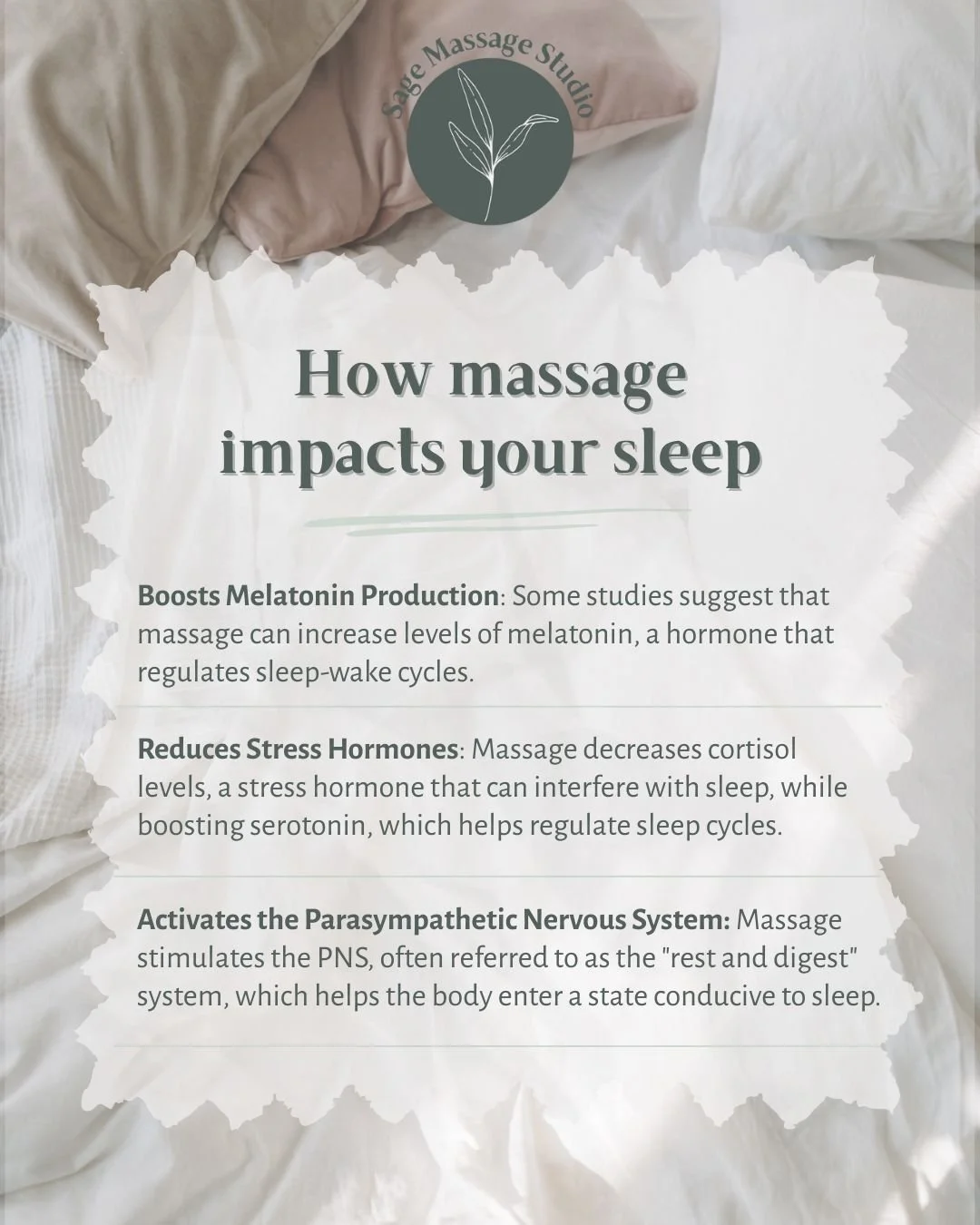 Did you know that massage has a big impact on hormones? Massage can help boost melatonin and serotonin while reducing cortisol, creating the perfect balance to promote a restful night of sleep.

#sleep #sleephygiene #healthyhabits #massagetherapy #ma