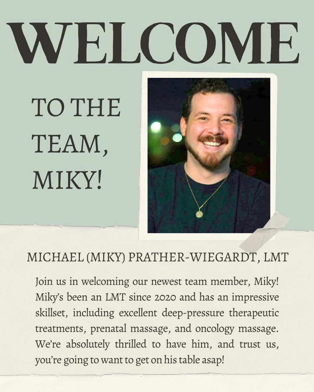 Join us in welcoming our newest team member, Miky! Miky&rsquo;s been an LMT since 2020 and has an impressive skillset, including excellent deep-pressure therapeutic treatments, prenatal massage, and oncology massage. We&rsquo;re absolutely thrilled t