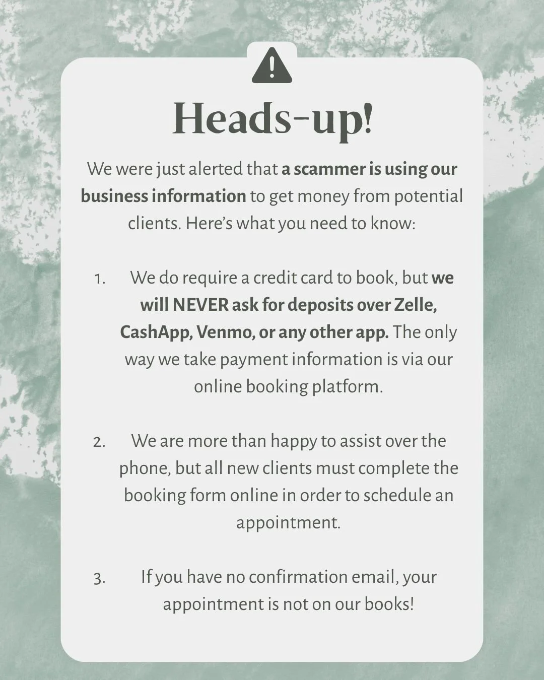A scammer is using our business address, photos, and potentially has even spoofed our phone number in order to get potential clients to "pay deposits" using Zelle/Cashapp/Venmo. They are doing this by texting clients who have reached out to