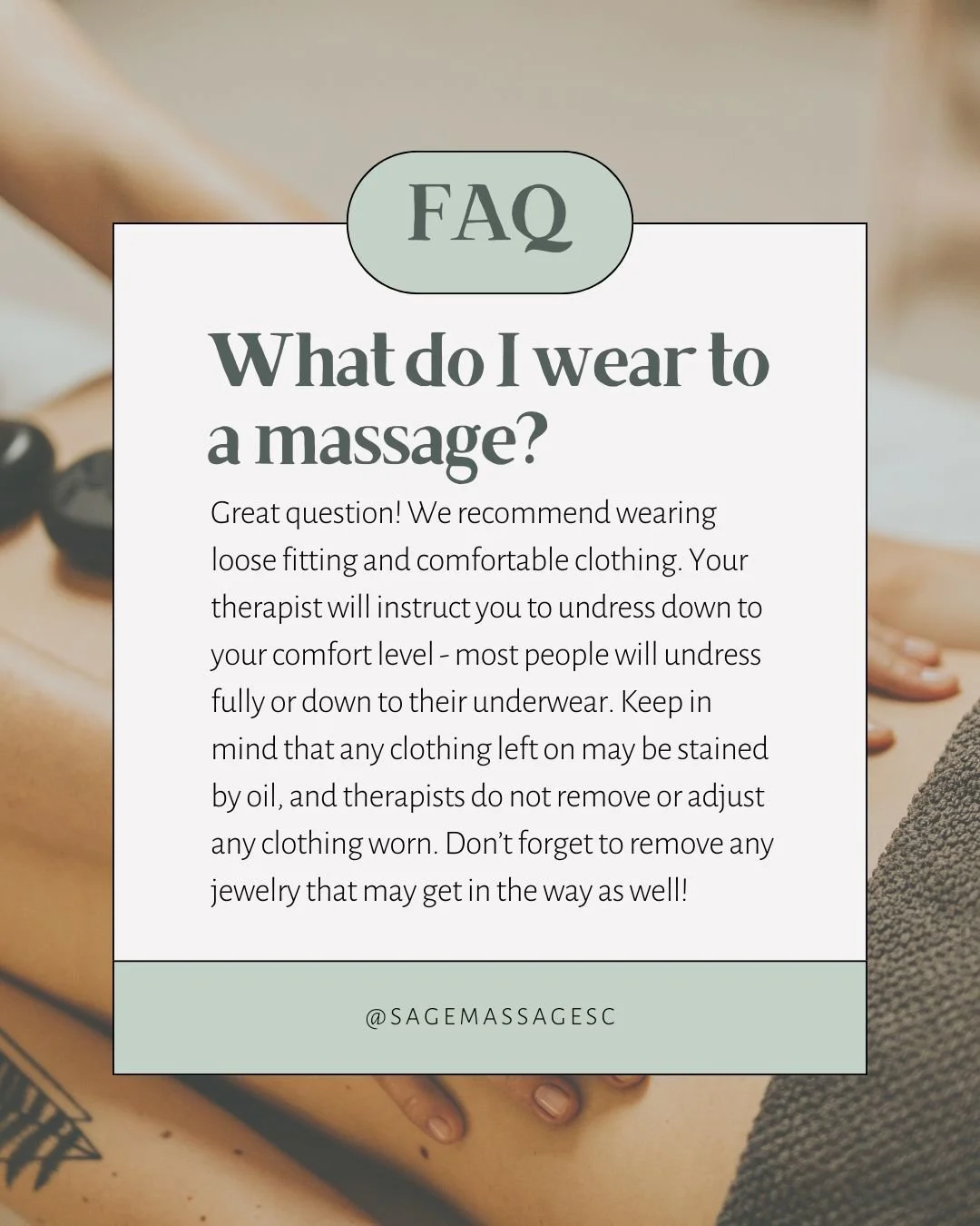 Nervous about undressing for your appointment? We totally get it! This is why your therapist instructs you to undress down to your comfort level. Our main priority is your comfort, and that means you get to take the lead on what makes you feel best.
