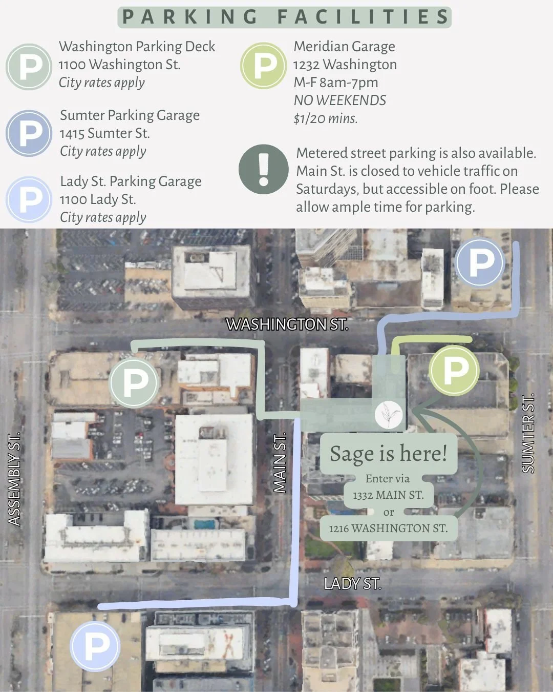 We get asked about parking all the time! So here's the gist:
- Parking is available at metered street spaces or in parking garages.

- There are 4 garages within 1-2 blocks of us.

- Street parking is usually hit or miss. Sometimes a spot will open u