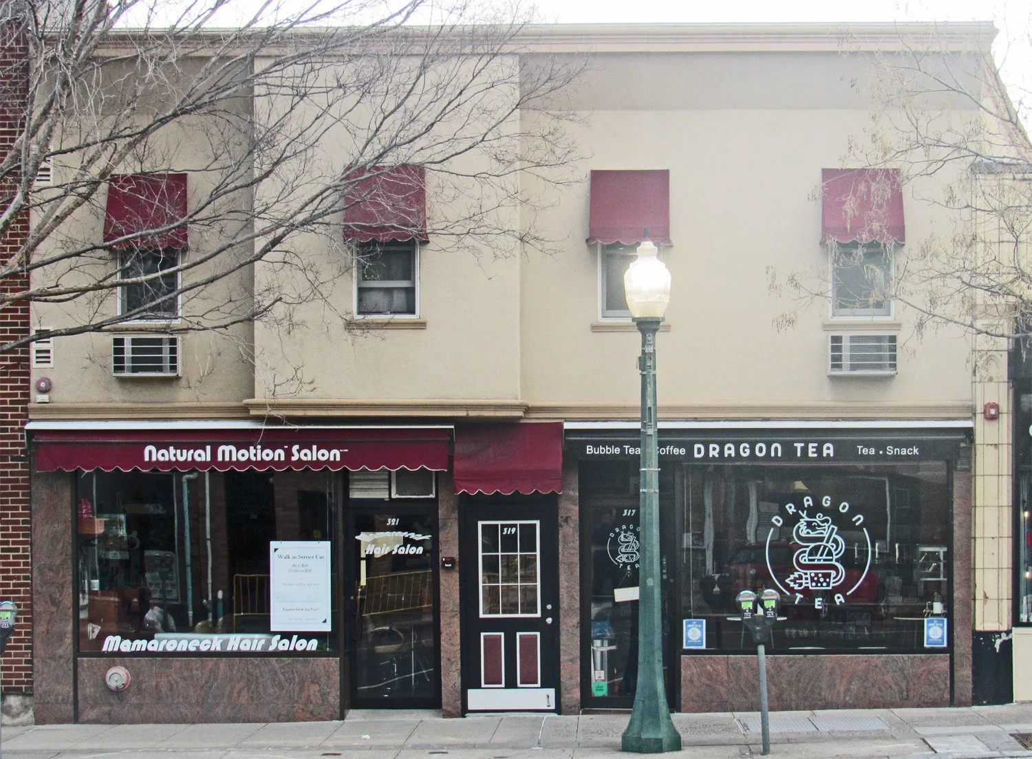 317-321 Mamaroneck Avenue, 2026: Dragon Tea (317), Natural Motion Salon (321)
