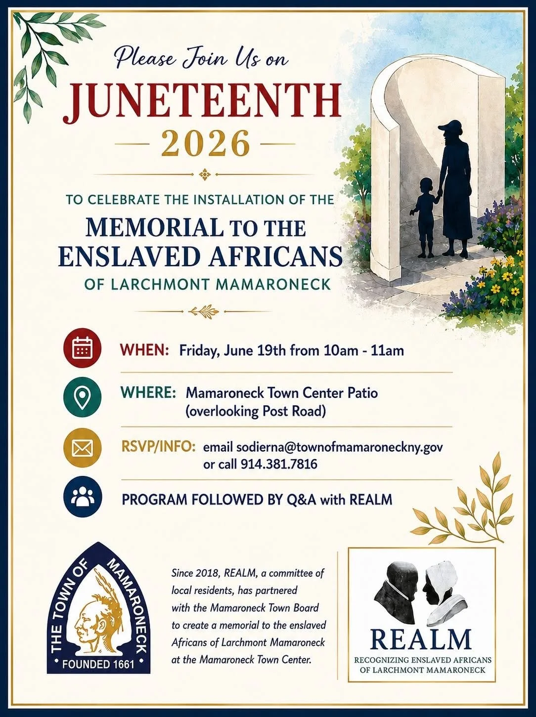 FLyer for Dedication of Memorial to Enslaved Africans of Larchmont and Mamaroneck