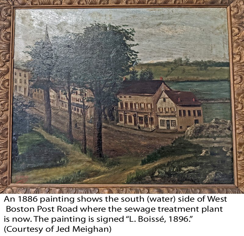  An 1886 painting shows the south (water) side of West Boston Post Road where the Mamaroneck sewage treatment plant is now. The painting is signed “L. Boissé, 1896.”&nbsp; (Courtesy of Jed Meighan) 