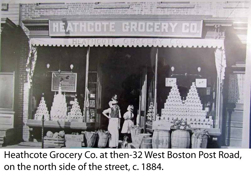  Heathcote Grocery Co. at then-32 West Boston Post Road in Mamaroneck, on the north side of the street, in an undated vintage photo.  