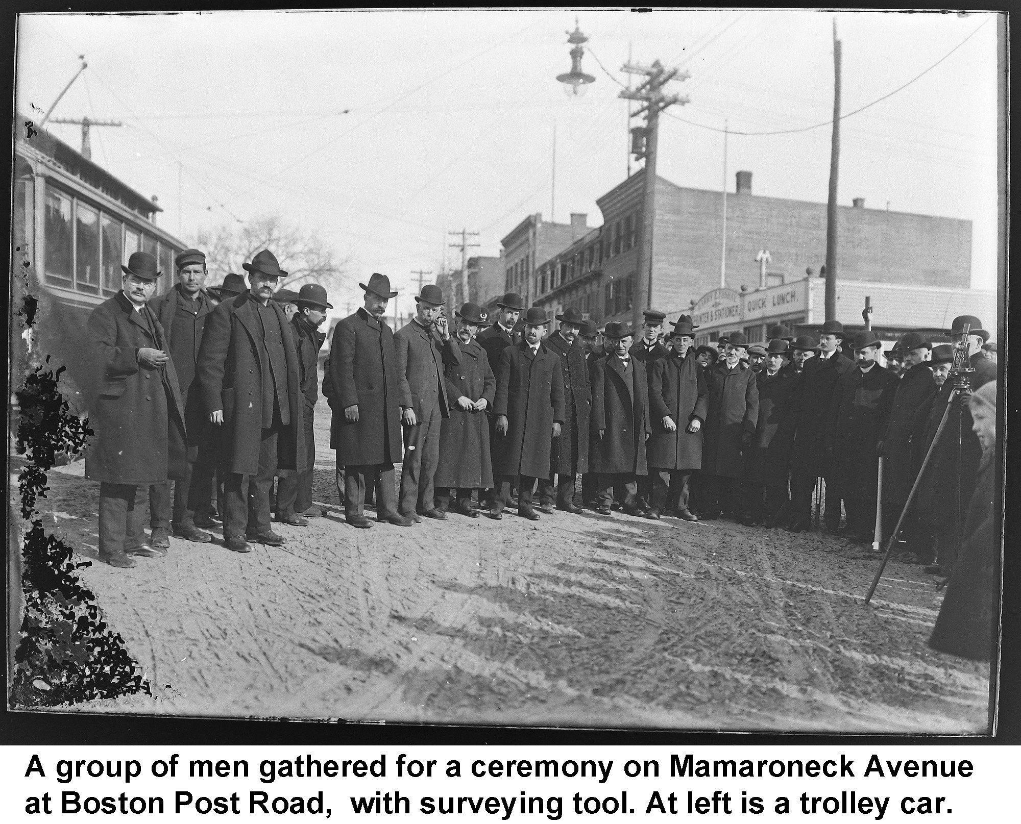 GN-014- Group of men at Mamaroneck Avenue and Post Road with trolley.jpg