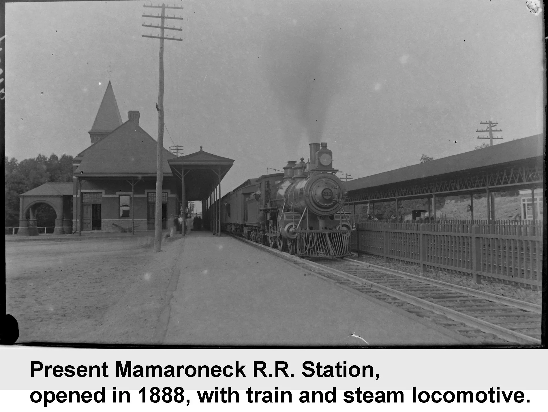 Present Mamaroneck R.R. Station, opened in 1888, with train and steam locomotive - vintage photograph