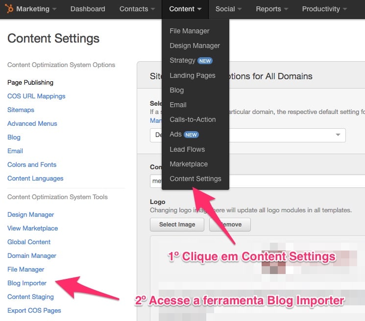 Acesse a Ferramenta Blog Importer pelo menu de Configurações de Conteúdo no HubSpot Marketing