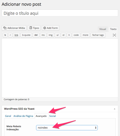 Adicionar novo post wordpress - SEO Yoast - noindex