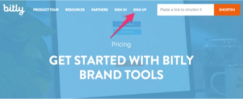 bitly - Clique em sign up para realizar o seu cadastro