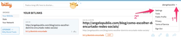 Bitly - Clique na seta ao lado de seu login e escolha a opção Settings