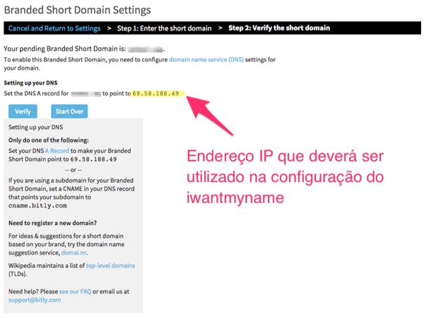 Bitly - Copie o endereço de IP e cole no iwantmyname