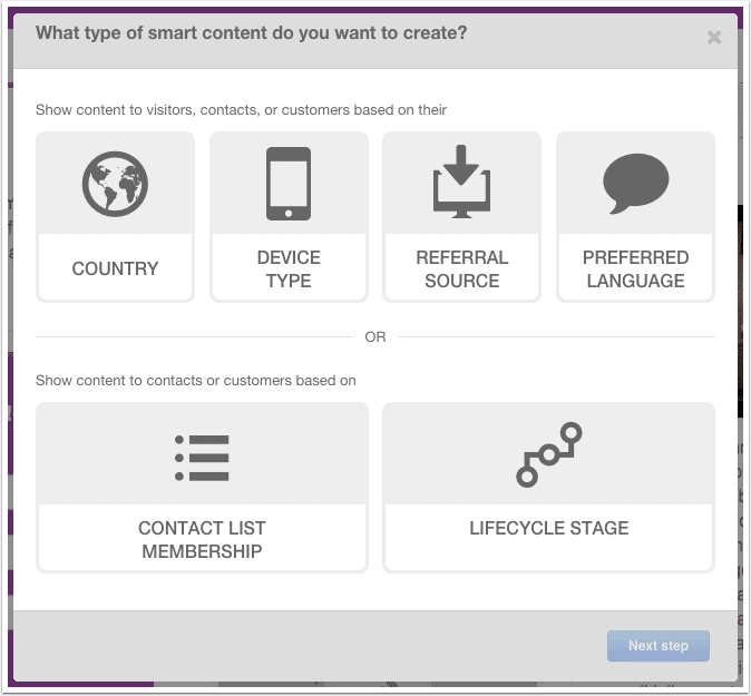 Critérios do conteúdo inteligente (smart content) na plataforma HubSpot Marketing