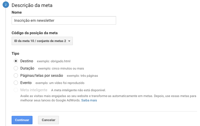 Descrição da meta - Google Analytics