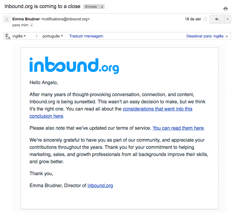 Email anunciando que o Inbound.org está chegando ao fim