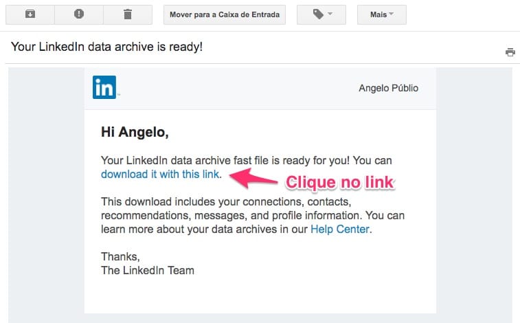 Email de notificação do LinkedIn avisando que o arquivo de exportação está pronto para download