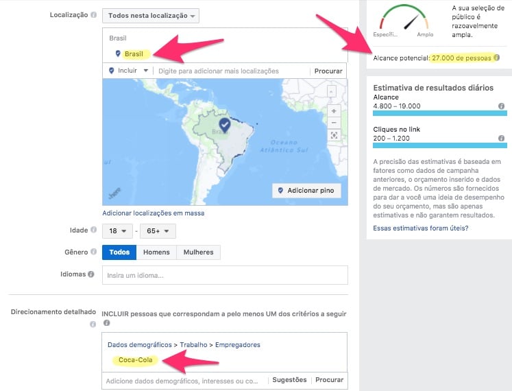 Exemplo de Alcance Potencial no Gerenciador de Anúncios do Facebook para um público que tem a Coca-Cola como empregadora