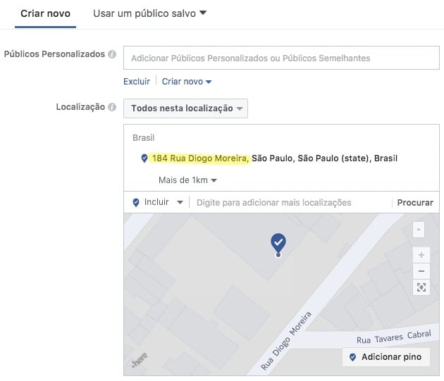 Exemplo de direcionamento detalhado de anúncios por localização no Facebook, usando como referência o endereço da sede da Bunge Alimentos disponível em seu website.