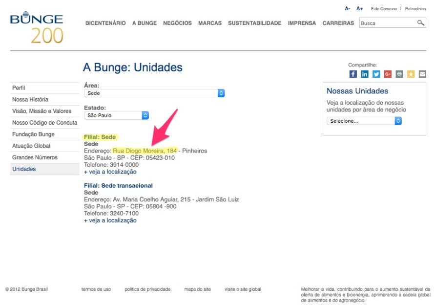 Exemplo de identificação do endereço da sede da Bunge Alimentos como key-account em Account Based Marketing