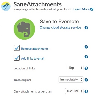 Integração SaneBox com Evernote para salvar anexos do email como nota