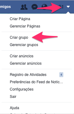 Menu "Criar grupo" - Facebook