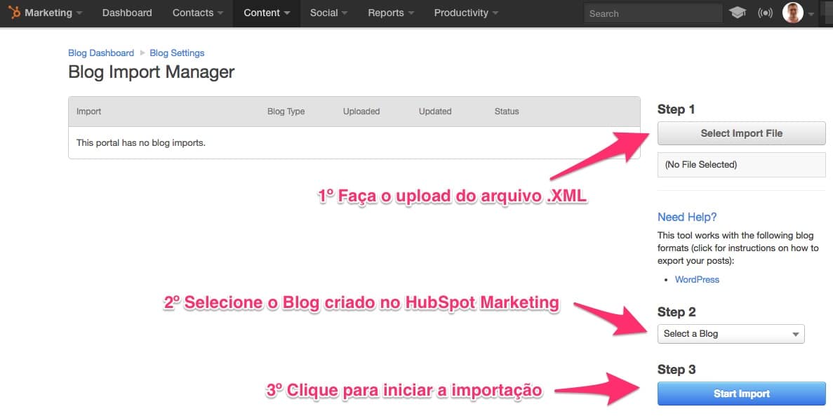 No Blog Import Manager faça o upload do arquivo de exportação do WordPress e inicie o processo de importação