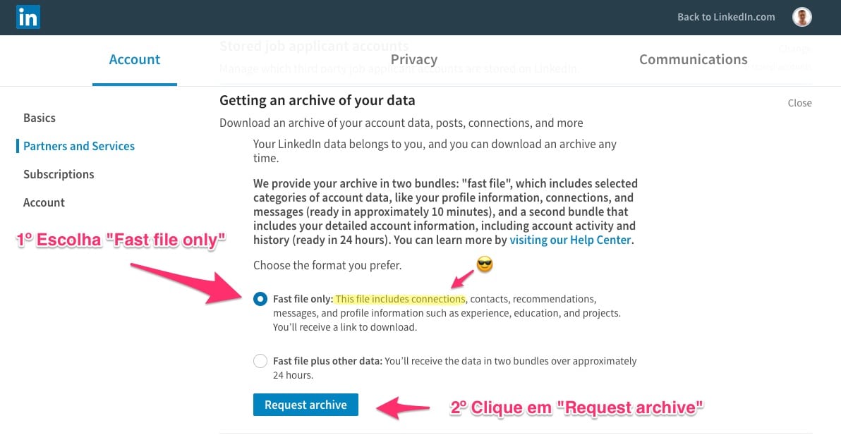 Solicite um arquivo com os seus dados do LinkedIn