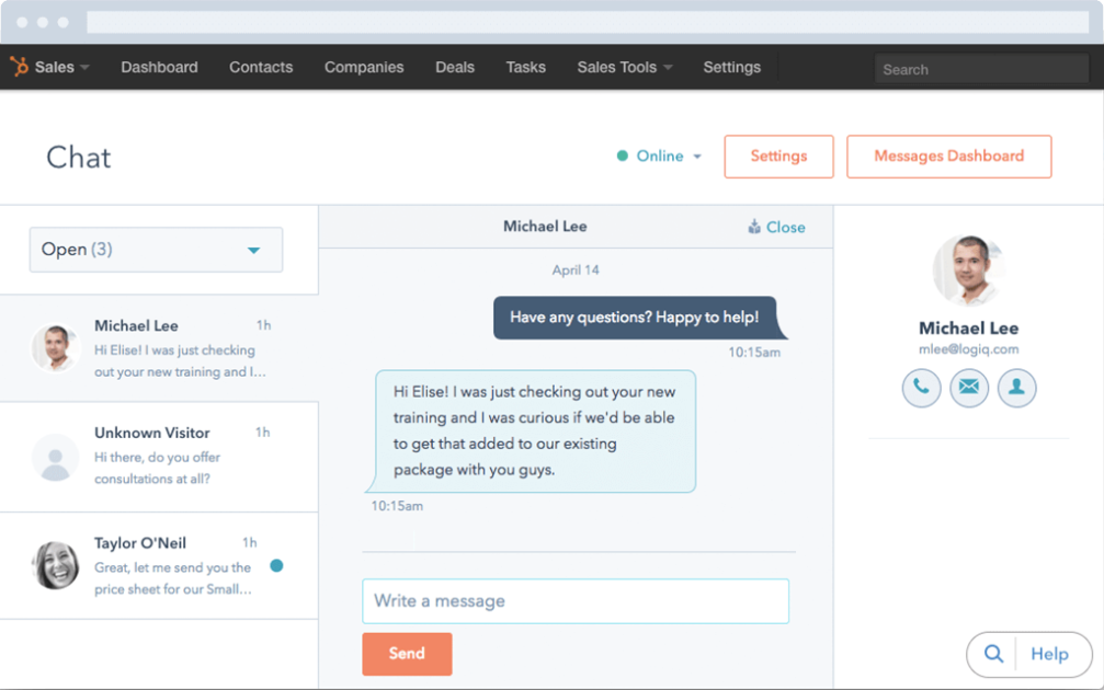 Utilize o chat ao vivo para conversar com desconhecidos, leads e clientes - HubSpot Sales
