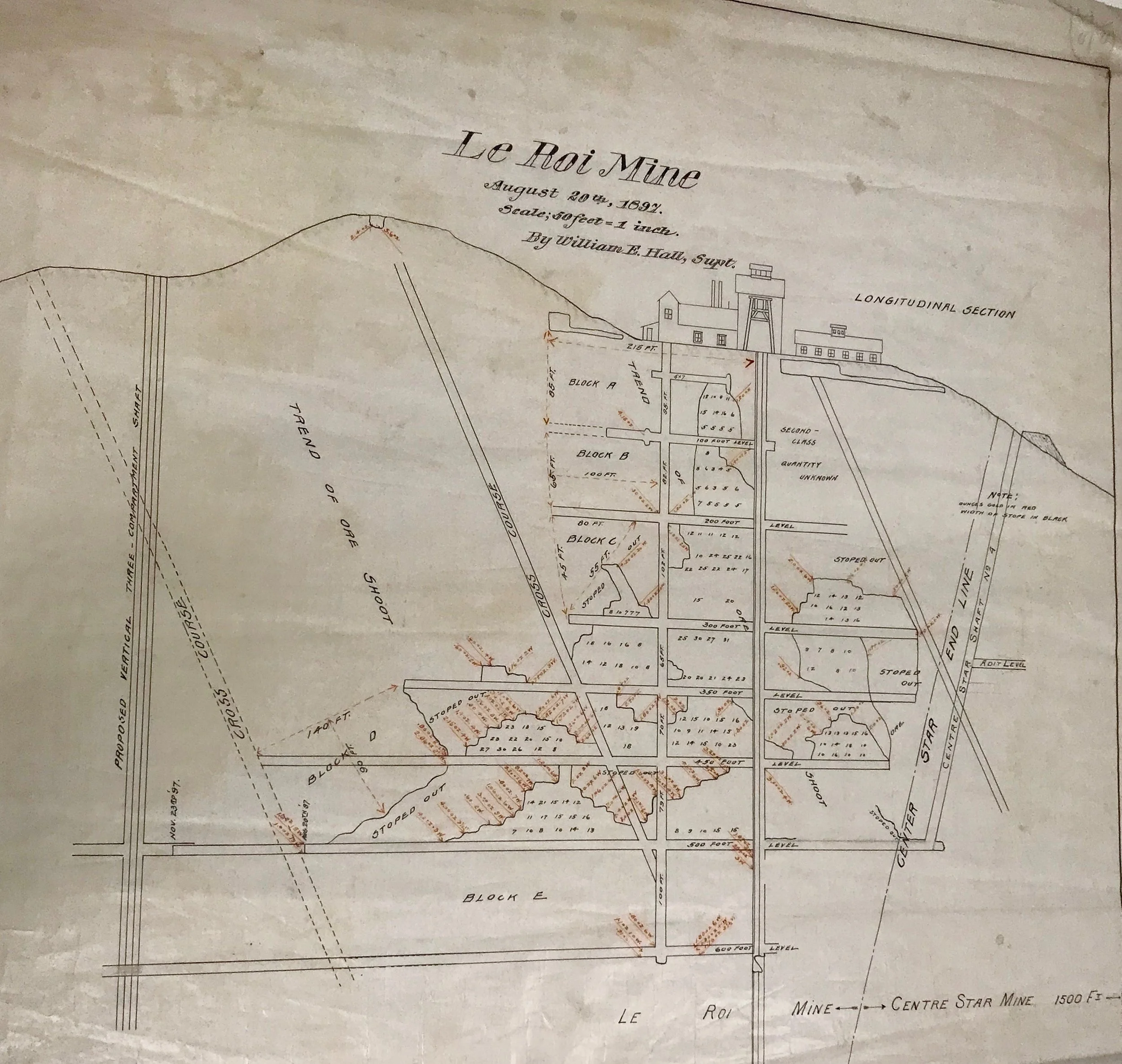 The LeRoi Mine, one of the most successful of the mines in Rossland, was in operation until 1910. Seen above is a map of the mine c.1897. Note the main shafts which run 600 feet down to all the levels of the mine, which would have been used to hoist men in and out. (Click for a closer look)